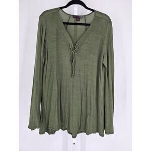 JW Style Womens Sz XL Long Sleeve Tunic Top Green Lace Front V Neck